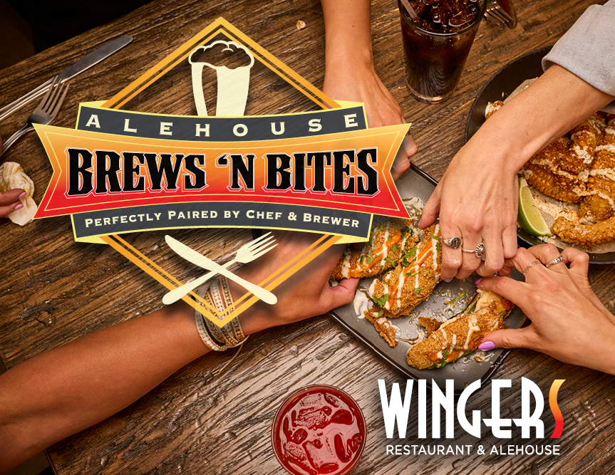 A top-down view of friends sharing dishes from the Wingers Brews ‘N Bites menu, including Mexican Street Corn Ribs and Smoked Salmon Jalapeño Bombs, on a wooden table with drinks. The Brews ‘N Bites logo and Wingers Restaurant & Alehouse branding are overlaid.